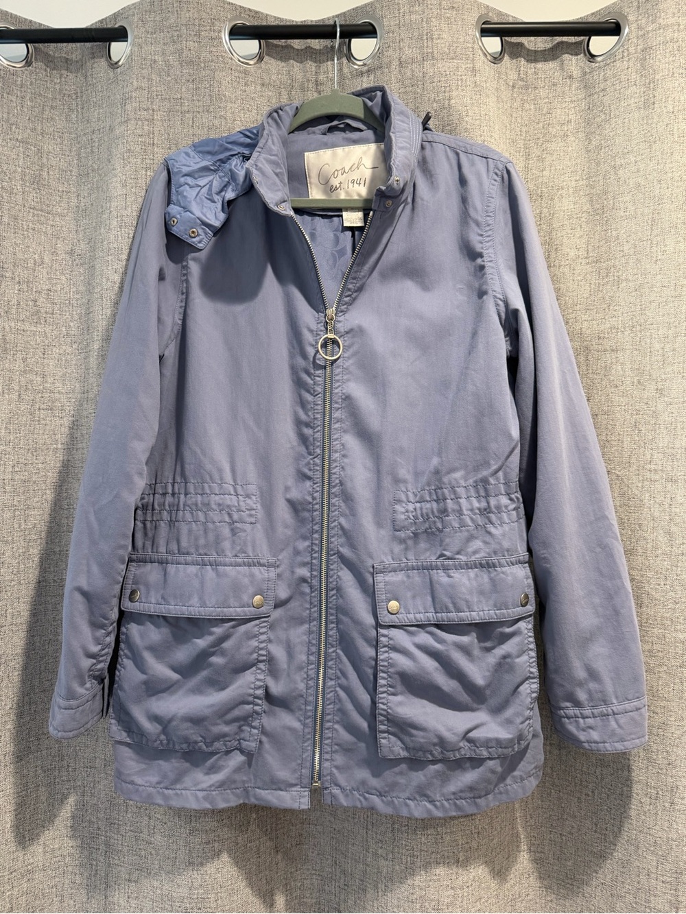 Coach Light Blue Rain Jacket with Front Flap Pockets